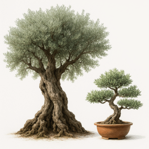 Yaşlı bir zeytin ağacı ile saksıda bonsai zeytin ağacı yan yana, peyzaj ve bitki tanıtımı için gerçekçi görsel.