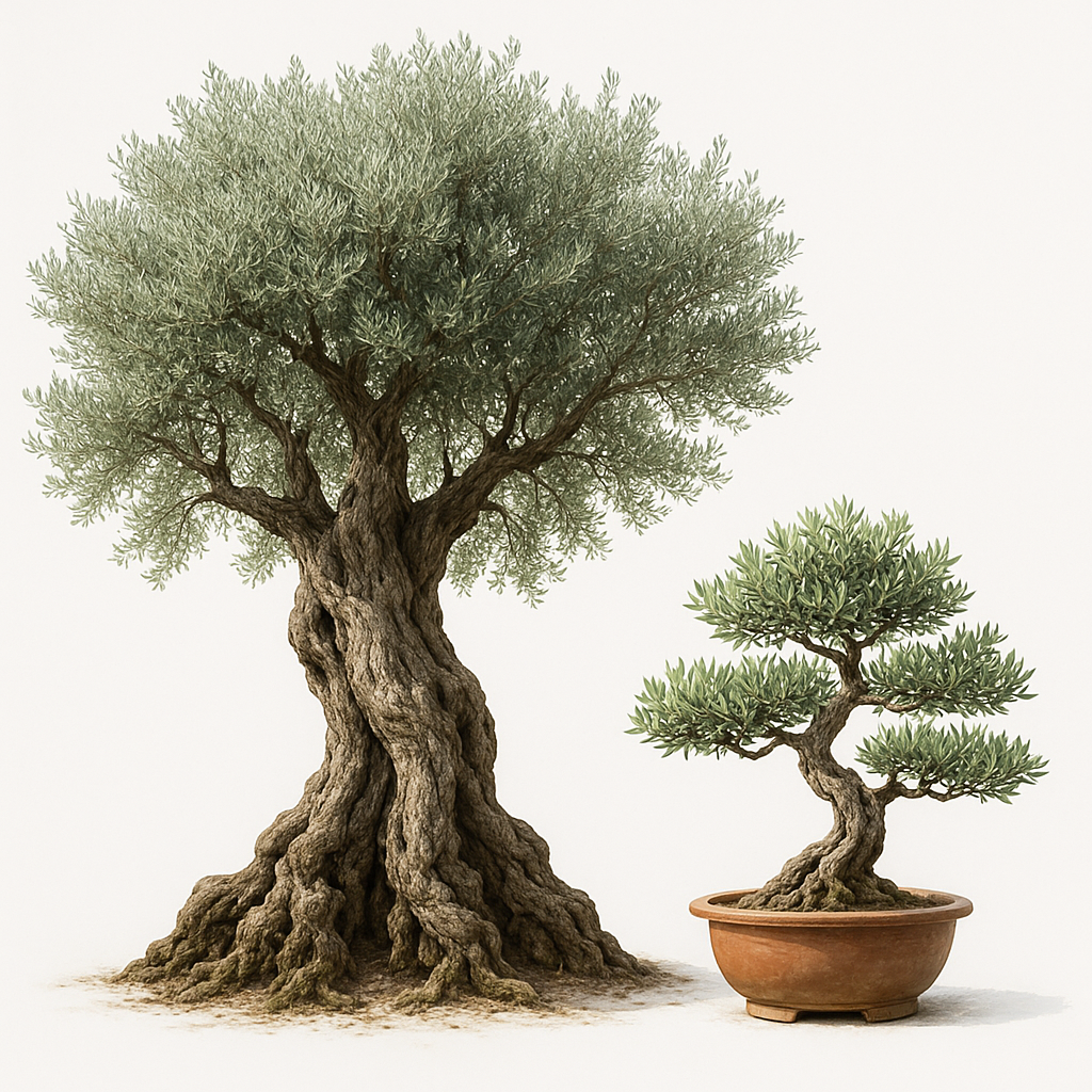 Yaşlı bir zeytin ağacı ile saksıda bonsai zeytin ağacı yan yana, peyzaj ve bitki tanıtımı için gerçekçi görsel.
